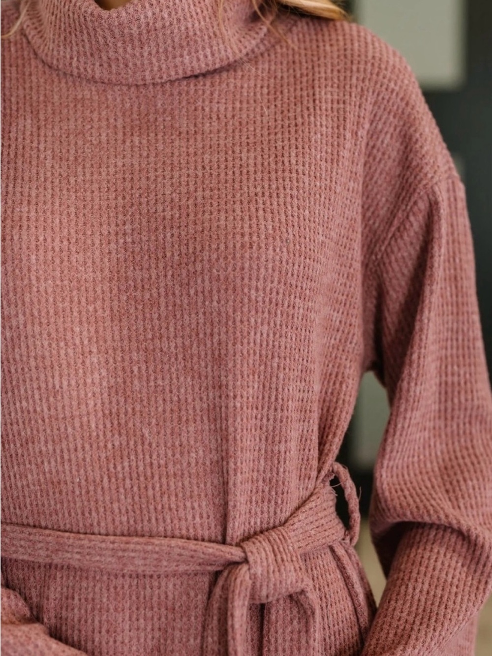 Dear Scarlett Cozy Dusty Rose Turtleneck Belted Maxi Dress - Picture 4 of 6